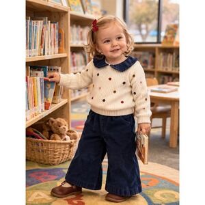 Monoprix Kids (size 4) Knit Sweater w/ Peter Pan collar and embroidered flowers